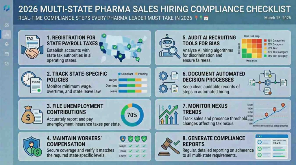 2026 multi-state hiring compliance checklist infographic for pharma sales teams