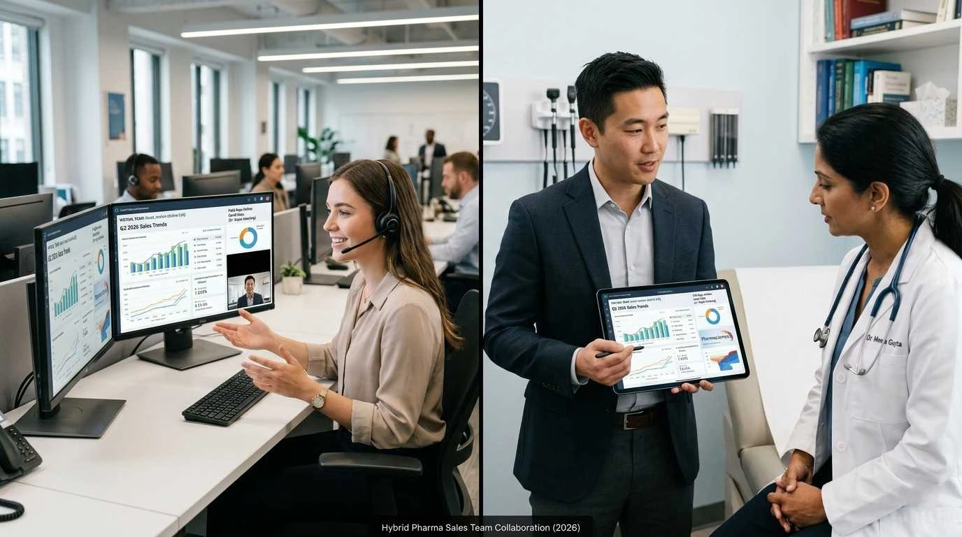 Hybrid pharma sales team virtual and field reps collaborating on dashboard