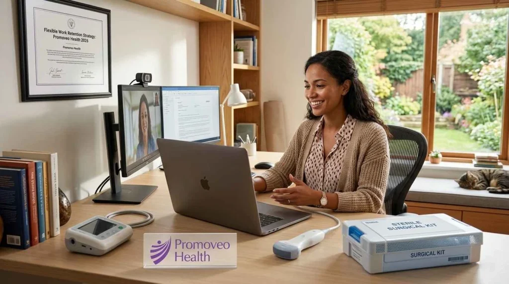 happy pharma sales rep working flexibly from home office