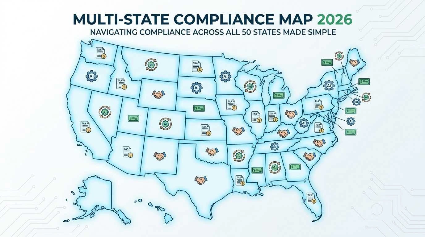 Map of United States highlighting multi-state compliance for pharma sales teams