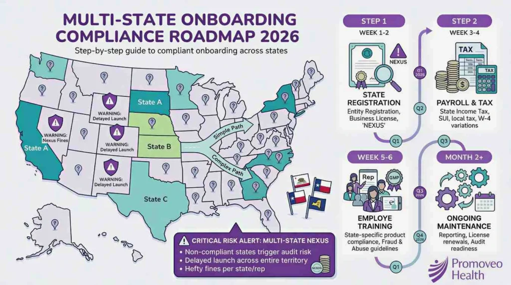 multi-state pharma sales onboarding compliance infographic 2026