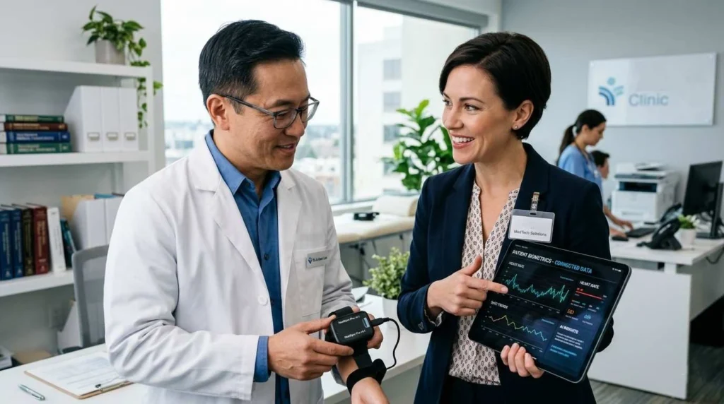Tech-savvy medical device sales rep demonstrating connected device to physician