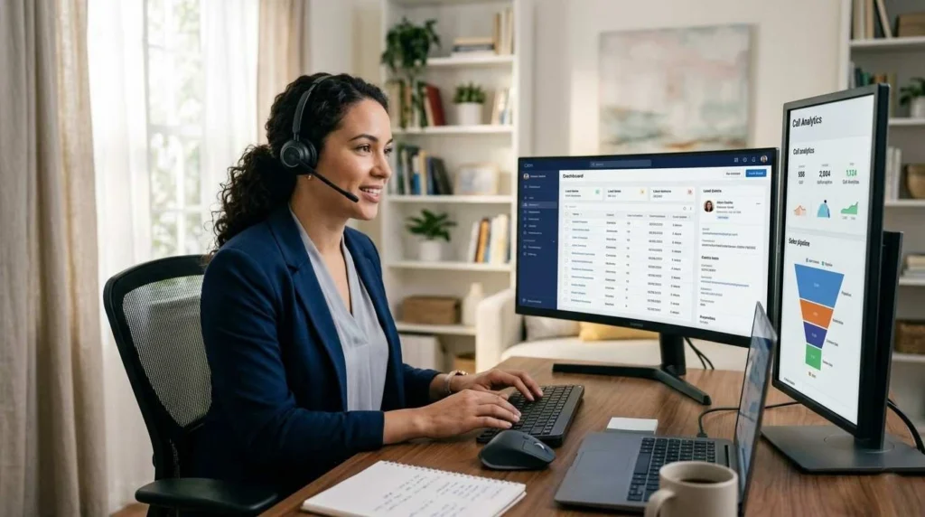 Virtual inside sales representative making calls from home office